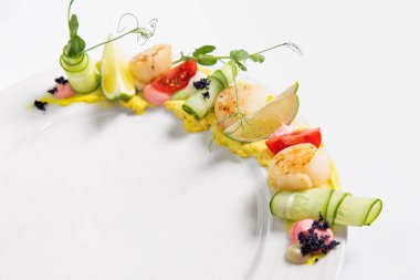 Fried scallop  on a white plate 