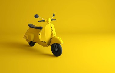 Scooter sarı arka planda, yan manzaralı. 3d illüstrasyon