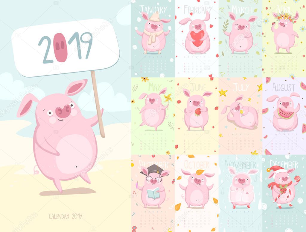 Cute calendar 2019 with pig