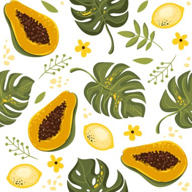 Egzotik meyve, tropik yaprakları, avokado, çilek ile Yaz dikişsiz desen arka plan. Vektör illuastration Eps 10