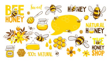 Set of bee, honey, lettering and other beekeeping illustration. Vector EPS10. clipart