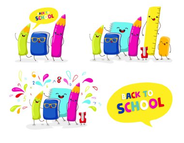 Okula geri dön, kawaii karakterleri. Okul illüstrasyonları. Vektör Eps10.