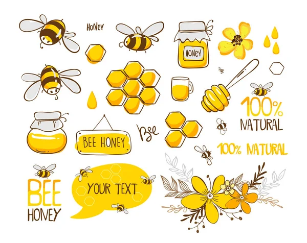 Set of bee, honey, lettering and other beekeeping illustration. Vector EPS10. Stock Vector