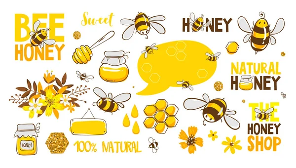 Set of bee, honey, lettering and other beekeeping illustration. Vector EPS10. Royalty Free Stock Illustrations