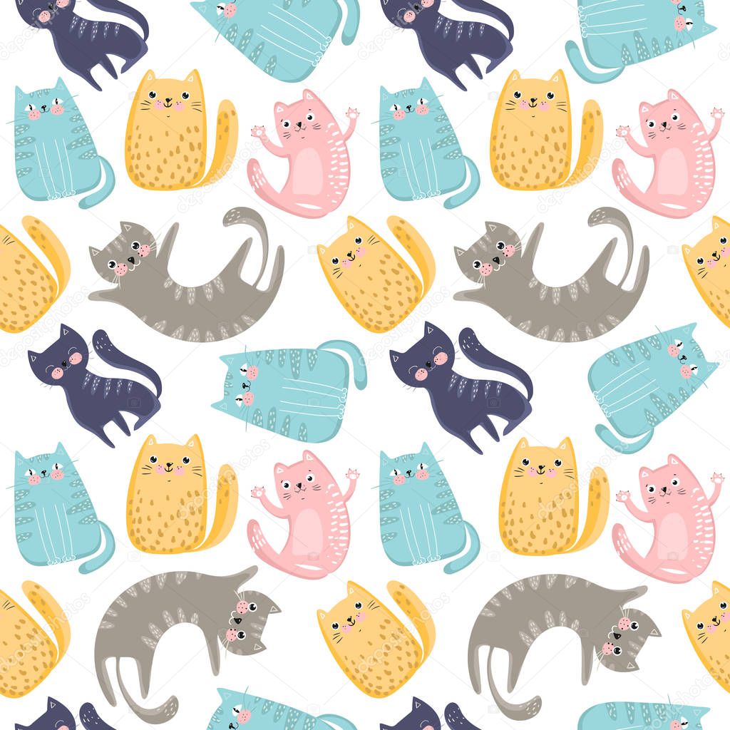 Seamless pattern with cute colorful cats. Great for fabric, textile, wrapping paper, wallpaper and other. Vector illustration EPS10