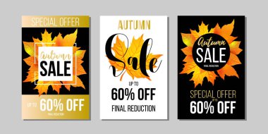 Sonbahar satış flyer şablonu ile yazı, turuncu kümesi bırakır. Sonbahar promosyon. Poster, afiş, kart, etiket ve diğer tasarım. Vektör çizim