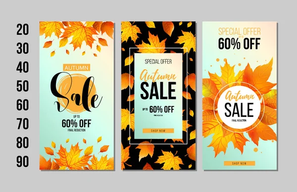Conjunto de plantillas de folleto de venta de otoño con letras, hojas de color naranja. Promoción de otoño. Póster, pancarta, tarjeta, etiqueta y otro diseño. Ilustración vectorial — Vector de stock