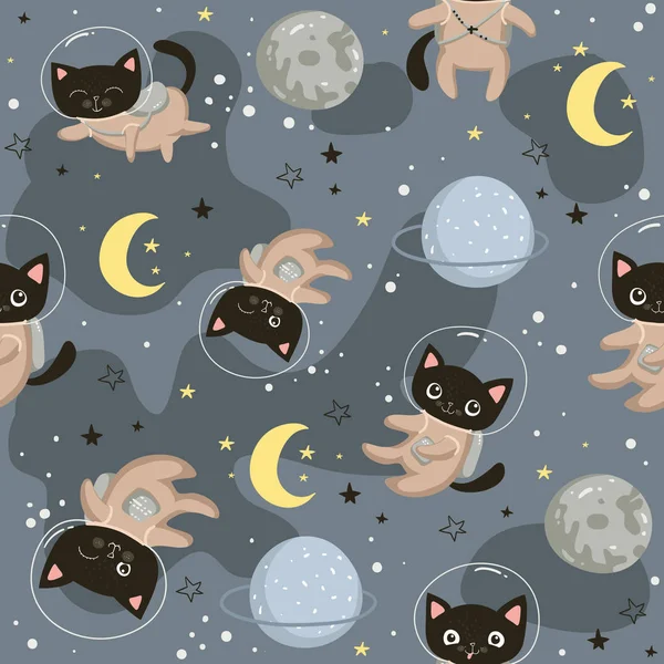 Sömlös mönster med söta katter astronauter i hjälmar. Sömlös bakgrund för barn design, omslagspapper, tapeter, textil, kläder, tyg. Vektor illustration Eps10 — Stock vektor