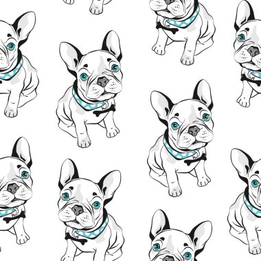 Beyaz arka planda Fransız bulldog dikişsiz desen. Vektör illüstrasyon. Mavi gözlü el çizilmiş komik köpekler.