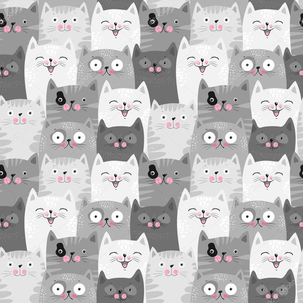 Cute cats, colorful seamless pattern background with cats