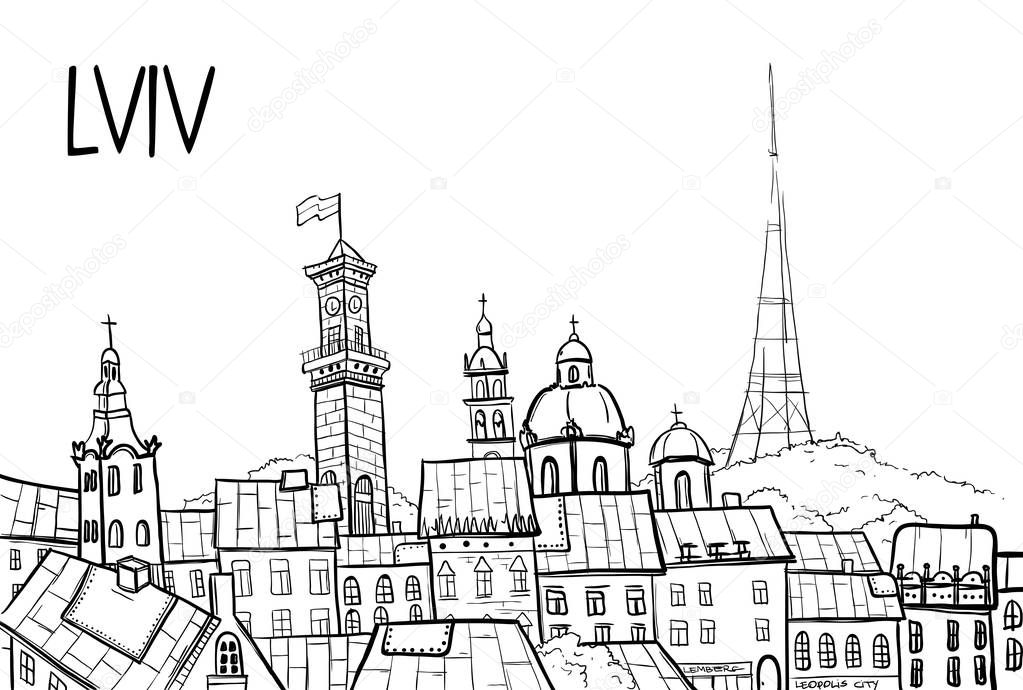 Vector line sketch city of Ukraine. Lviv city