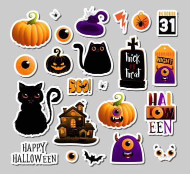 Halloweeen çıkartmaları, rozetleri, hurda elemanları seti. Mutlu cadılar bayramı seti. Cadılar Bayramı partisi, vektör Eps 10