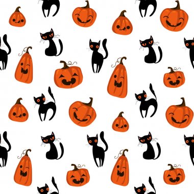 Sevimli kabaklar, siyah kedi ve diğer halloween elemanları ile Halloween sorunsuz desen. Cadılar Bayramı vektör arka plan. Eps 10