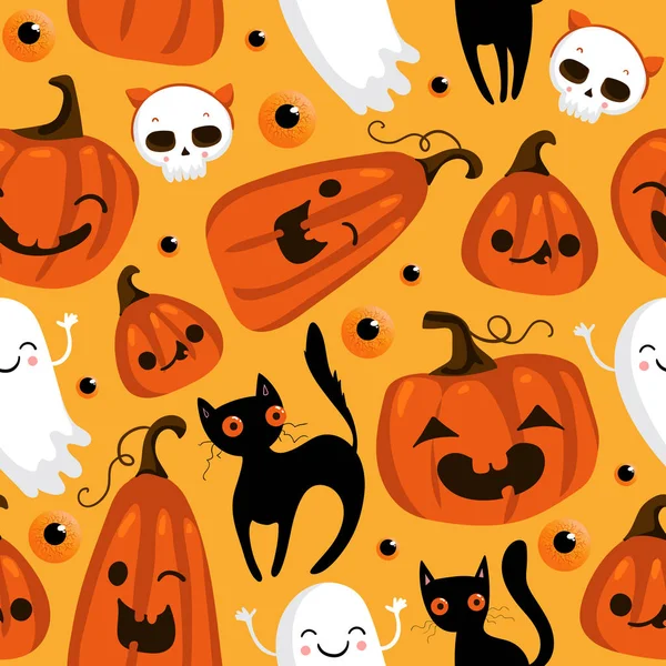 Sevimli kabaklar, siyah kedi ve diğer halloween elemanları ile Halloween sorunsuz desen. Cadılar Bayramı vektör arka plan. Eps 10 — Stok Vektör