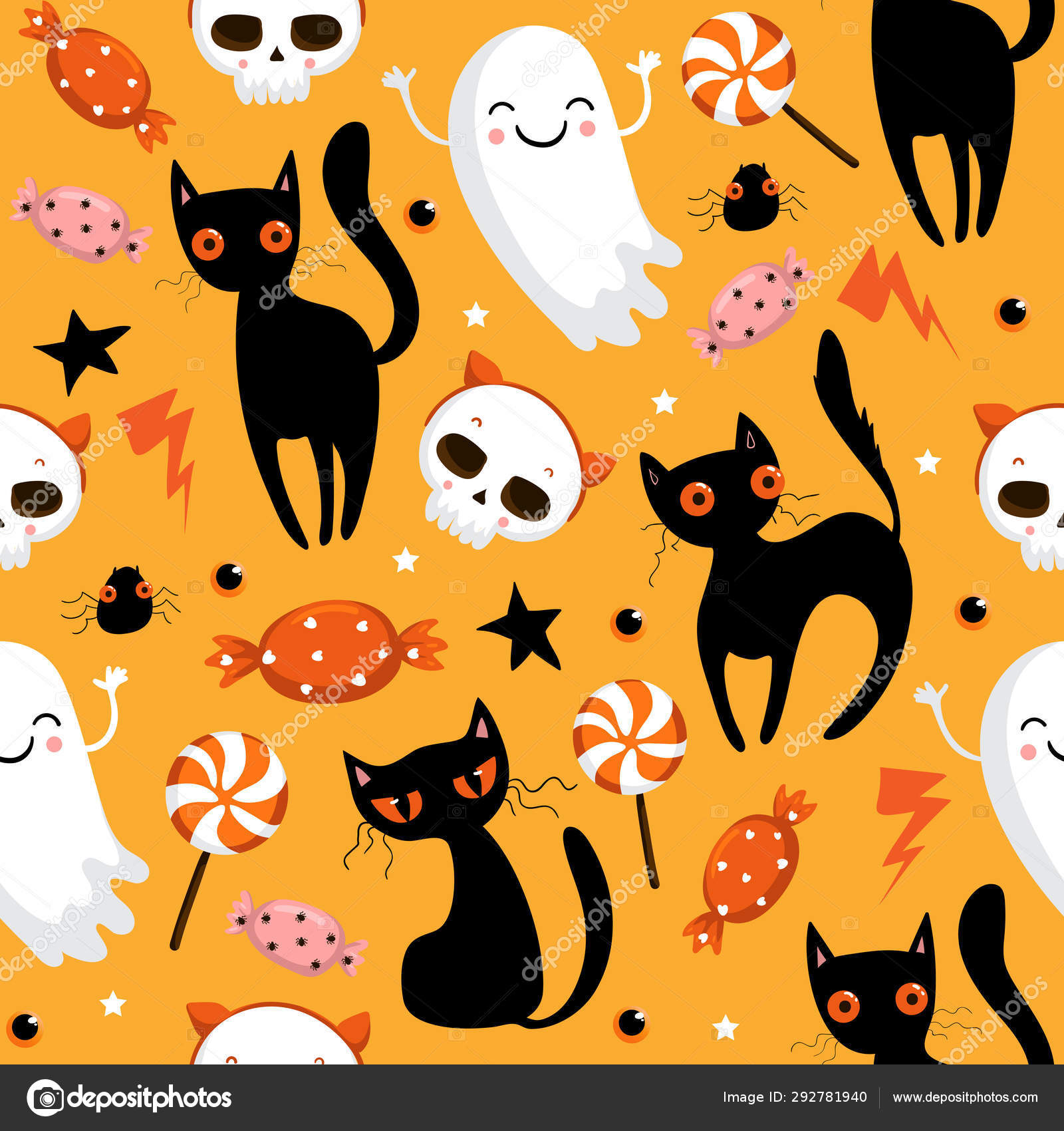 万圣节无缝模式与可爱的南瓜，黑猫和其他万圣节元素。万圣节矢量背景。每股收益10 图库矢量图©Marianna_P 292781940, image size:1600x1700