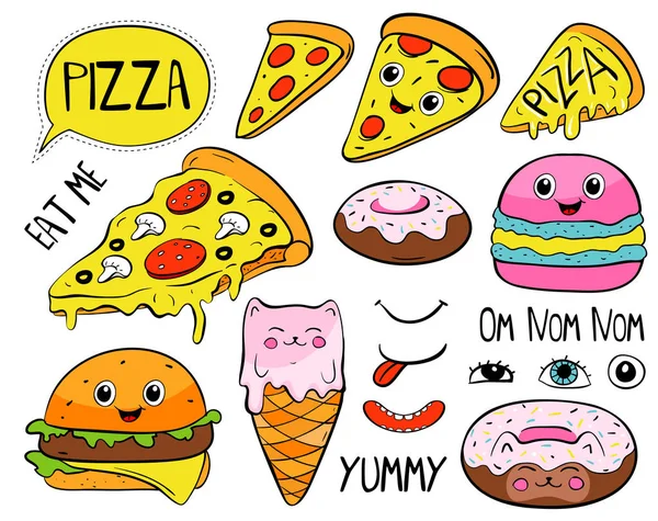 Kreslená Pizza Slice, macaroon, sendvič, zmrzlina, koblihy. Fastfood móda, kreslené ilustrace. — Stockový vektor