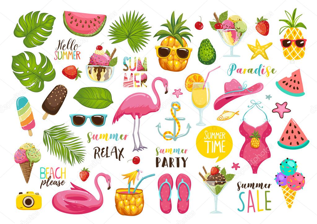 Summer set with hand drawn travel elements. Ice cream, watermelon, leaves, hat, sandals, pineapple, bag, calligraphy and other. Vector illustration