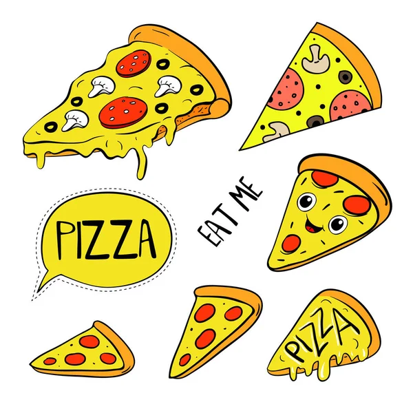 Set of pizza slice. Cute kawaii fast food vector character, isolated on white. Vector EPS10 — Stock Vector
