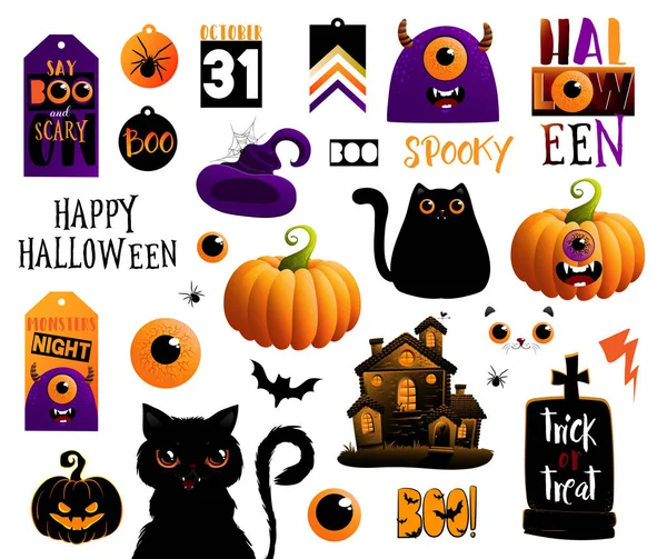 Set von Halloween-Elementen, Vektorillustrationen mit Schriftzügen — Stockvektor