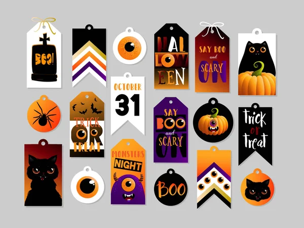 Ensemble d'étiquettes cadeaux d'Halloween. Étiquette mignonne et effrayante, modèles de badges. Cartes de souhaits imprimables. Illustrations vectorielles — Image vectorielle