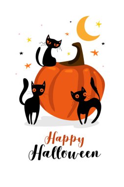 Balkabağı ve siyah kedi karakteri ile mutlu cadılar bayramı kartı. Vektör Eps10