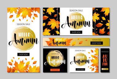 Sonbahar satış web afiş seti harflerle şablon, turuncu yaprakları. Sonbahar terfisi. Poster, afiş, kart, etiket ve diğer tasarım. Vektör çizimi