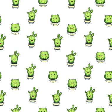 Şirin kawaii kaktüs ve succulents komik suratlar tencere ile Seamless modeli. Beyaz arka plan. Vektör çizim