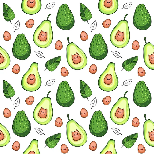 Beyaz arka plan, kawaii tarzı avokado meyve ile Vektör dikişsiz desen