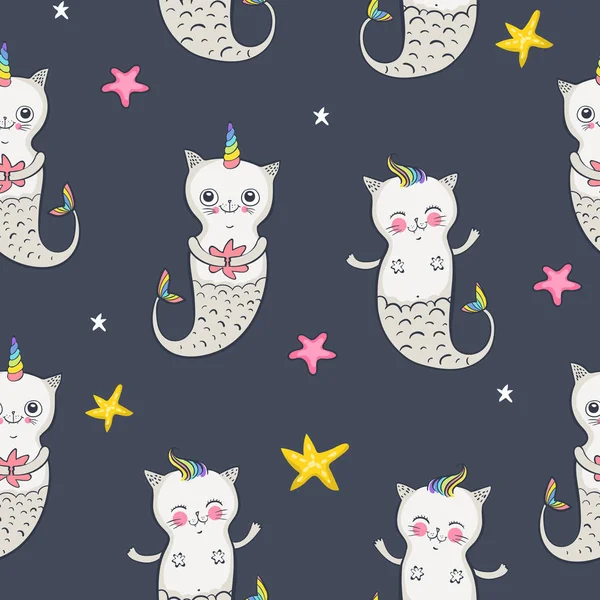 Cat sirène motif sans couture. Joyeux jumeaux. Illustration vectorielle SPE 10 — Image vectorielle