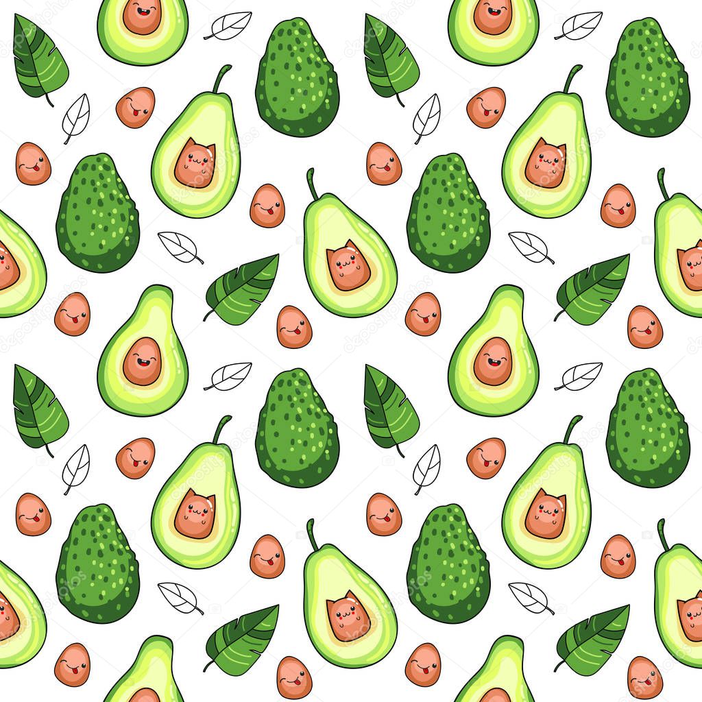 Vector seamless pattern with avocado fruit on a white background, kawaii style