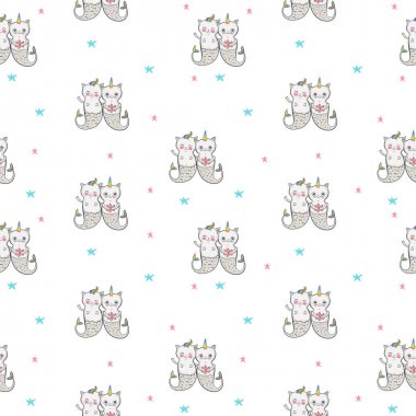 Kedi Denizkızı sorunsuz desen. Mutlu ikizler. Vektör illüstrasyon Eps 10