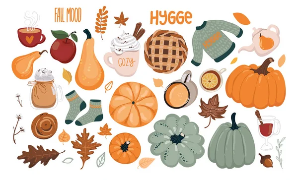 Sonbahar el çizilmiş elemanları ile ayarlayın. Kaligrafi, sonbahar yaprakları, hayvanlar ve diğer. Vektör illüstrasyon Eps 10