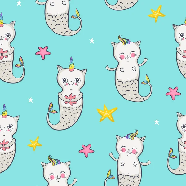 Cat sirène motif sans couture. Joyeux jumeaux. Illustration vectorielle SPE 10 — Image vectorielle