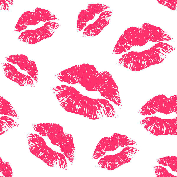 Vector pink seamless pattern on white background. Lips prints