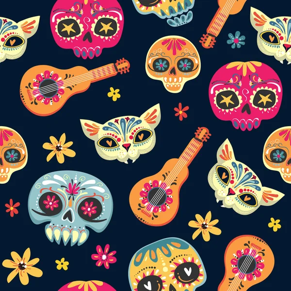 День мертвых бесшовный векторный рисунок с сахарными черепами и цветами. Dia de los Muertos trainlate - День мертвых. Вектор S10 — стоковый вектор