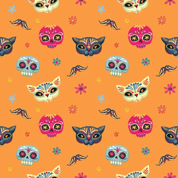 Modèle vectoriel sans couture Day of the Dead avec crânes de sucre et fleurs. Dia de los Muertos tramslate - Jour des Morts fond de modèle. Vecteur EPS10 — Image vectorielle