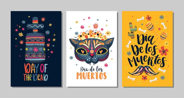 Dia de Los Muertos, Día Mexicano de los Muertos, juego de tarjetas de felicitación con letras dibujadas a mano, flores, calaveras sobre fondo azul oscuro y blanco — Vector de stock