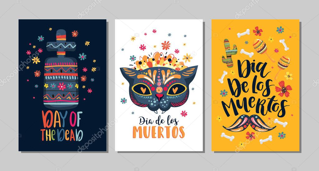 Dia de Los Muertos, Mexican Day of the Dead, set of greeting cards with hand drawn lettering, flowers, skulls on dark blue and white background