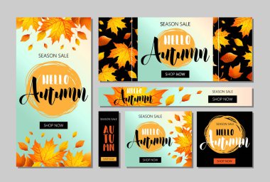 Sonbahar satış web afiş seti harflerle şablon, turuncu yaprakları. Sonbahar terfisi. Poster, afiş, kart, etiket ve diğer tasarım. Vektör çizimi