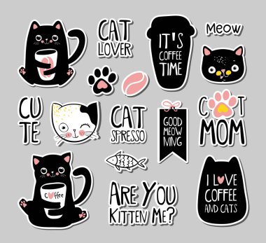 Kedi rozetleri, yamalar, çıkartmalar. Vektör doodle illüstrasyon Eps10
