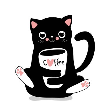 Kahve fincanı ile Kawaii siyah kedi. Sevimli vektör illüstrasyon