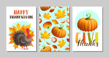 Şükran tebrik kartı, afiş, afiş, el ilanı ve diğer set. Vektör çizimleri, mavi arka plan üzerinde kusursuz desen