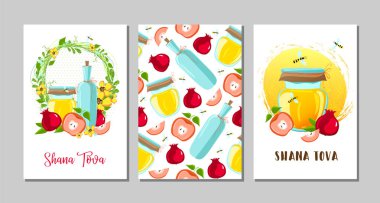 Shana tova seti, Rosh hashanah, Yahudi yeni yıl, tatil tebrik kartı. Vektör çizimi