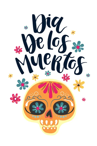 Dia de Los Muertos, Мексиканский день мертвых, набор поздравительных открыток с повязкой, цветами, черепом — стоковый вектор