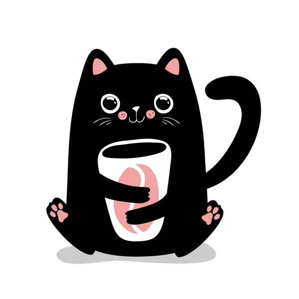 Kawaii black cat with coffee cup. Cute vector illustration — Stock Vector