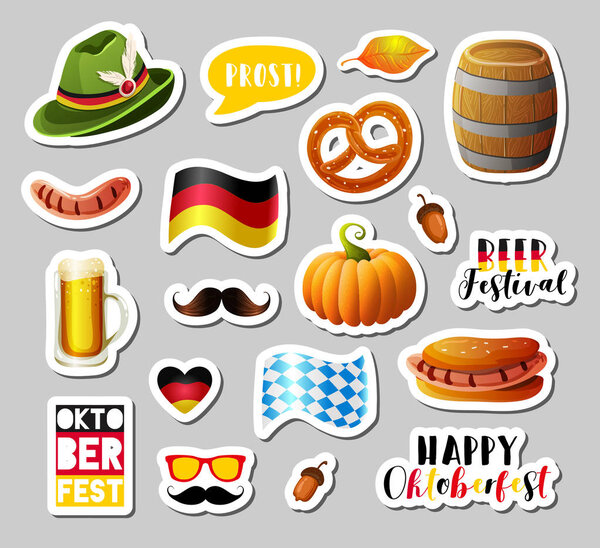 Set of Oktoberfest vector design elements, photo booth props, stickers, badges, scrapbooking elements. Vector EPS10