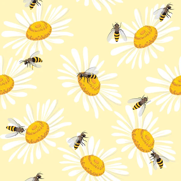 Симпатичный бесшовный узор с пчелами и цветами. Векторная иллюстрация EPS10 — стоковый вектор