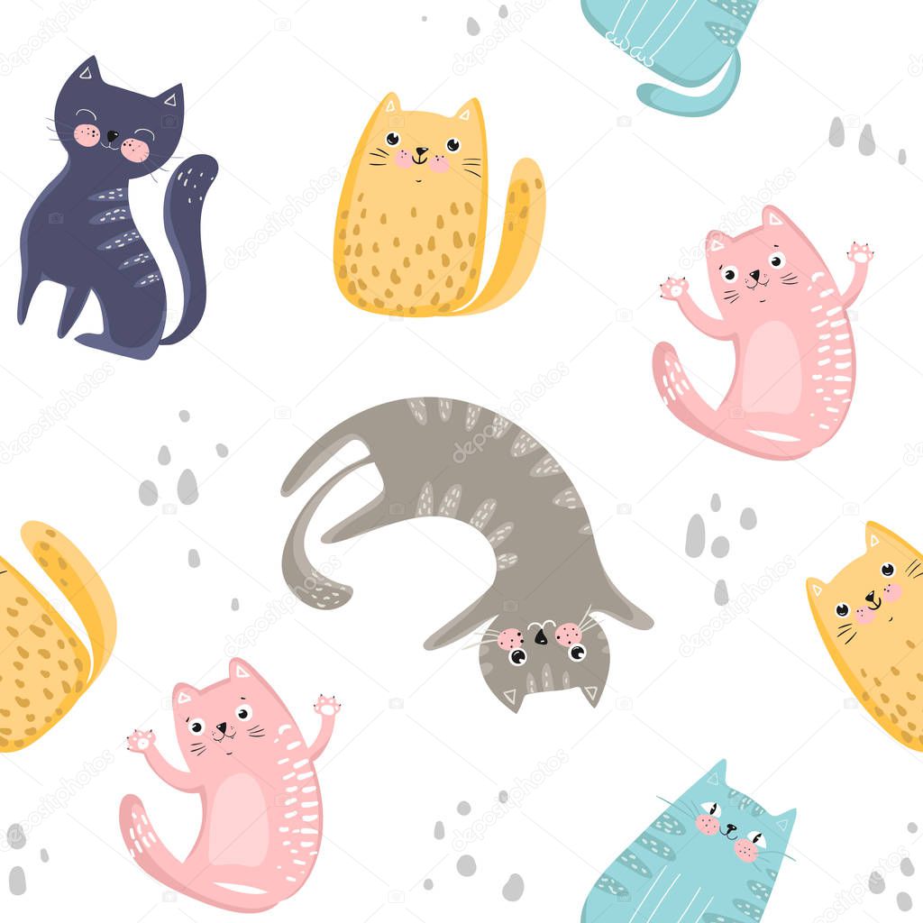 Seamless pattern with cute colorful cats. Great for fabric, textile, wrapping paper, wallpaper and other. Vector illustration EPS10