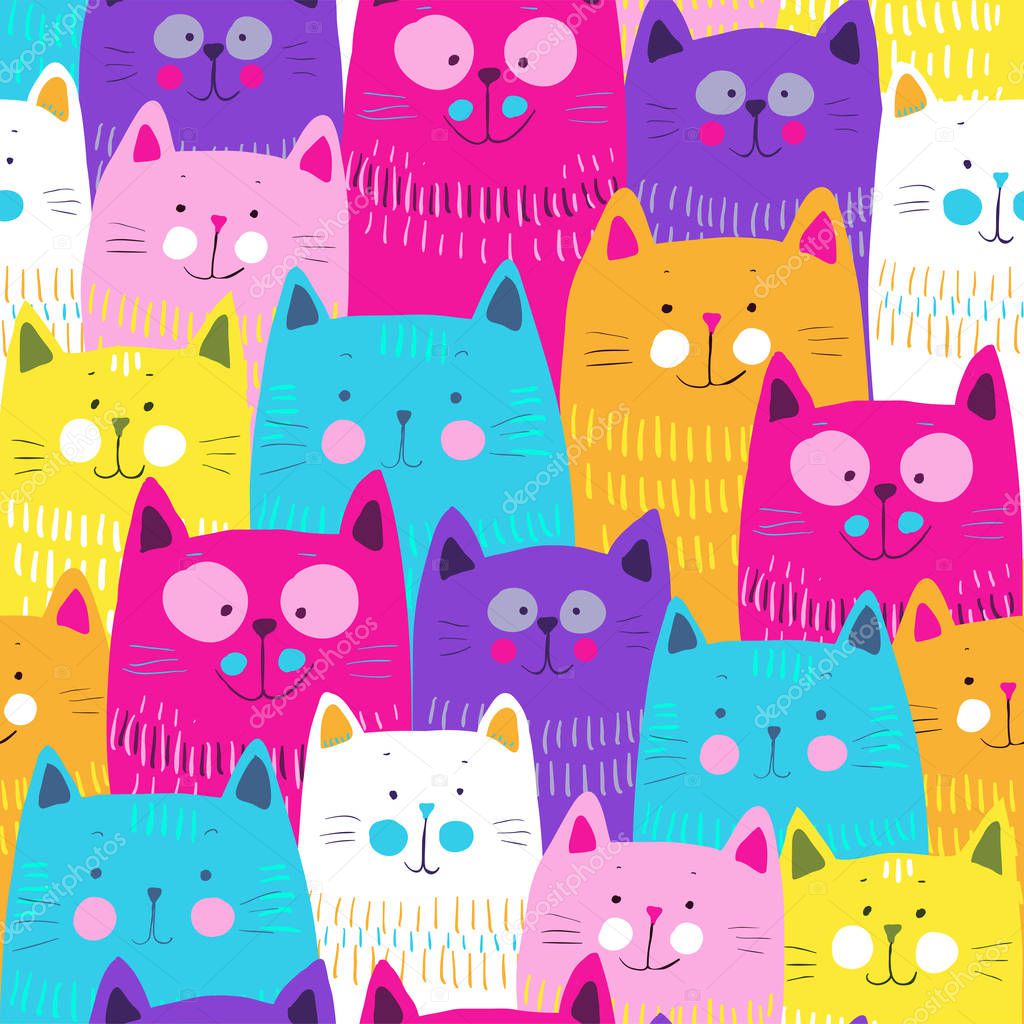 Cute cats colorful seamless pattern background. vector EPS 10