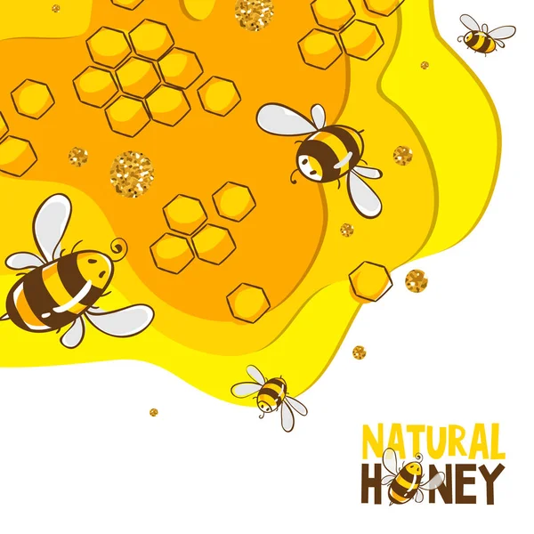 Bandiera orizzontale con pettini di api. Miele isolato su fondo giallo. Illustrazione vettoriale EPS10 — Vettoriale Stock